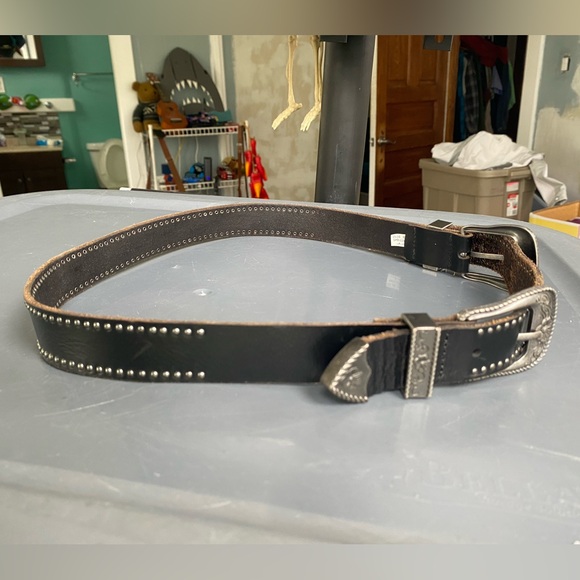 Double Buckle Cowgirl American Eagle Black Leather Belt 38” Long - Picture 6 of 8